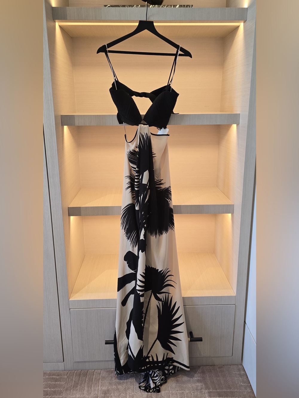 NWT Johanna Ortiz Black and Cream Palm-Print Cutout Maxi Dress